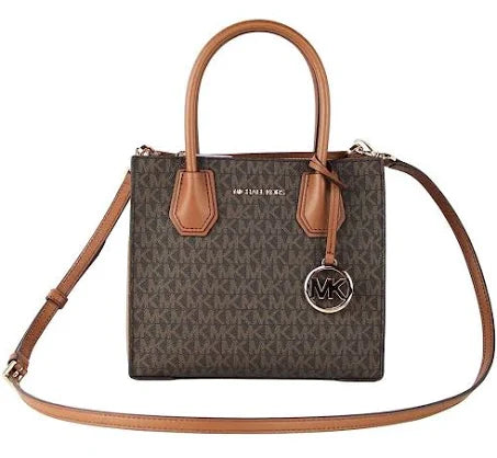 Michael Kors Mercer Medium Leather Messenger Crossbody Handbag (Brown Signature)