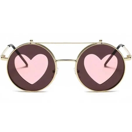 Double Layer Flip Lens Sunglasses - Retro Round Style for Women and Men Pink Gold