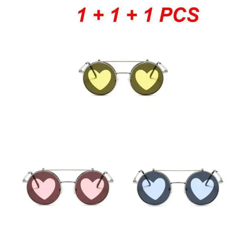 Double Layer Flip Lens Sunglasses - Retro Round Style for Women and Men Pink Gold