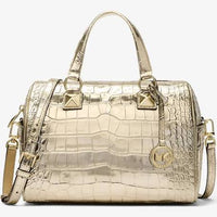 Thumbnail for Michael Kors Grayson Medium Metallic Crocodile Leather Satchel - Pale Gold