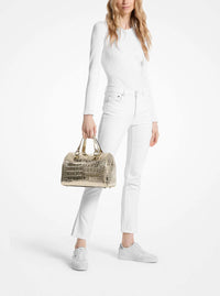 Thumbnail for Michael Kors Grayson Medium Metallic Crocodile Leather Satchel - Pale Gold