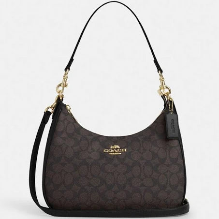 Coach Teri Hobo Bag in Gold/Walnut/Black Signature Canvas For Women