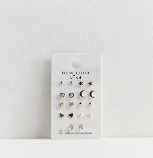 New Look 9 Pack Silver Mixed Stud Earrings