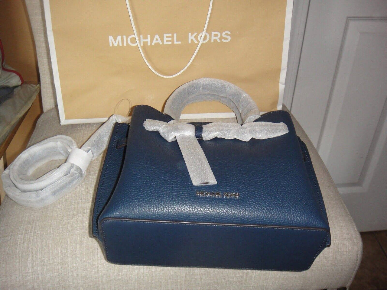 Michael Kors Emilia Small Navy Blue Marine Satchel Crossbody Bag