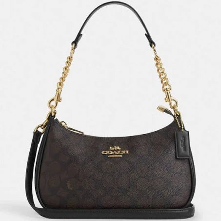 Coach Teri Shoulder Bag in Gold/Walnut/Black Signature Canvas