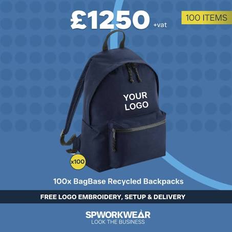 100 x BagBase Recycled Backpack Event Giveaways Bundle
